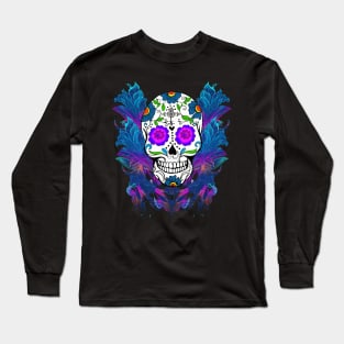 Blue Purple Floral Sugar Skull Day Of The Dead Long Sleeve T-Shirt